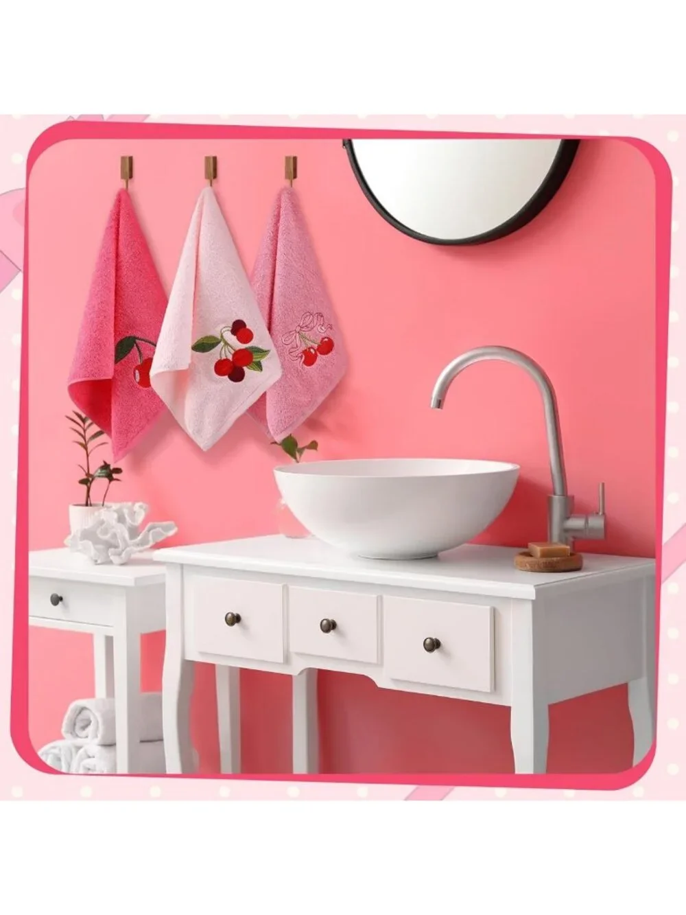 Set of 3 Cherry Hand Towels - Soft Cotton, Embroidered, Pink Bow, Spring Decor